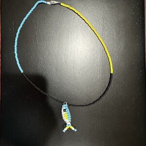 2/$15 Boho Beaded Fish Charm Necklace Unisex Black Blue‎ Yellow 18" Handmade